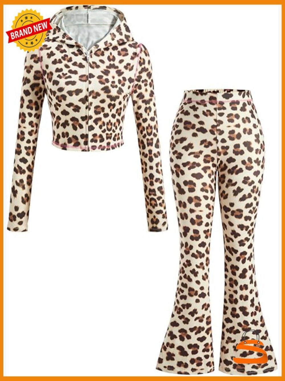 2 Piece Leopard Print Set Y2k Cropped Zip Up Hoodie and Pants Rave Matching
